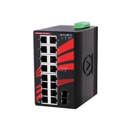 Antaira 18-Port Industrial Gigabit Unmanaged Ethernet Switch, w/16-10/100/1000Tx + 2-100/1000 SFP Slots; EOT LNX-1802G-SFP-T
